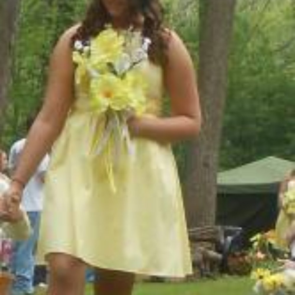 Canary Yellow Davids Bridal Dress with pockets. Size 14